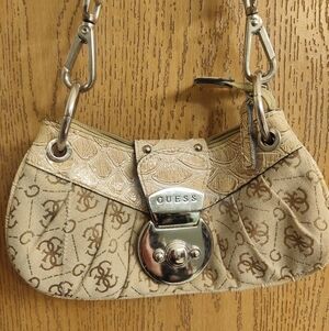 Guess Beige Logo-Accent Shoulder Bag with Silver Hardware